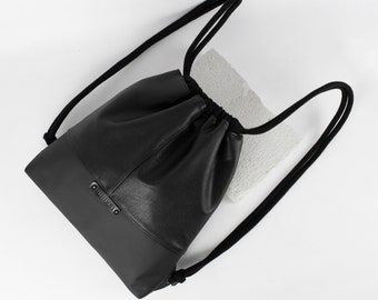 Designer bag, genuine leather black drawstring backpack, gym bag with rope handle, unisex recycled rucksack, designer diaper bag