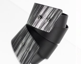 Women's genuine leather leather cuff wide bracelet bangles black and silver double wrap recycled