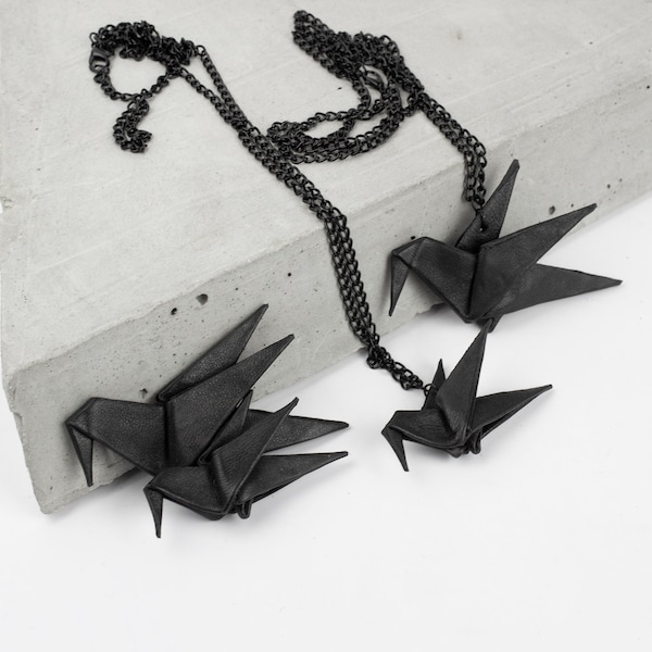 Genuine leather origami bird necklace black animal geometric jewelry