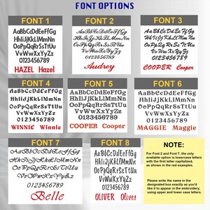 May include: A chart with eight different font styles for embroidery. Each font style is shown with the alphabet, numbers, and a sample name. The chart also includes a note about the font styles.