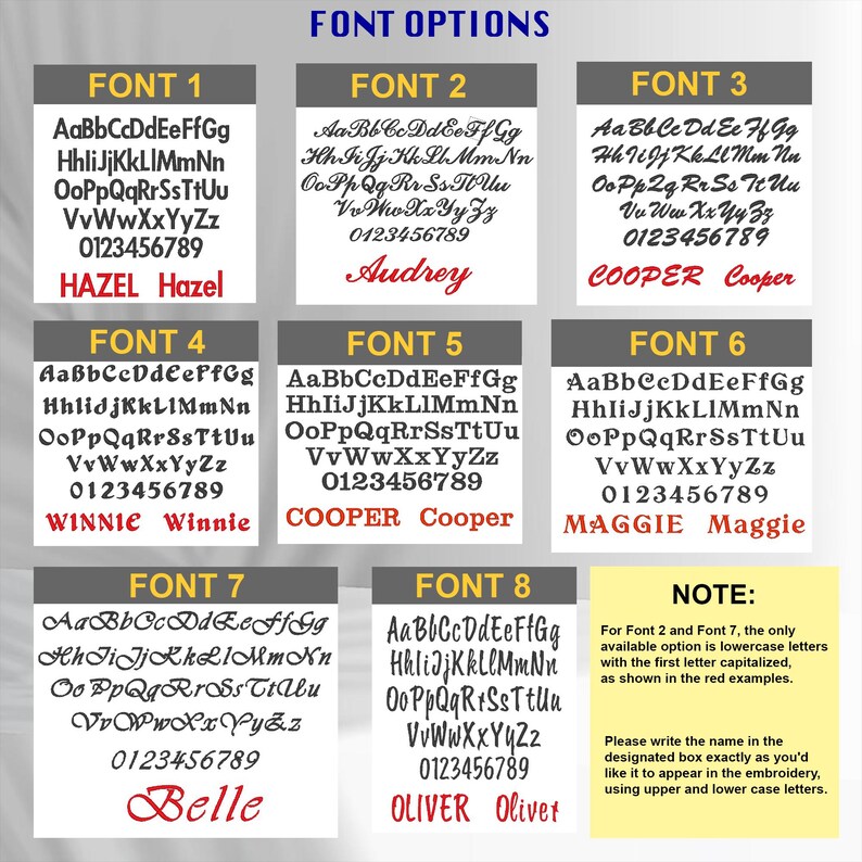May include: A chart with eight different font styles for embroidery. Each font style is shown with the alphabet, numbers, and a sample name. The chart also includes a note about the font styles.
