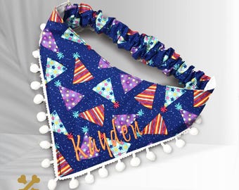Personalized Birthday Dog Bandana with Pompoms – Custom Embroidered Party Scarf – Pet Birthday Outfit