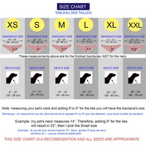 May include: Size chart for dog bandanas, showing bandana size and neck size in inches and centimeters. The chart includes six sizes: XS, S, M, L, XL, and XXL. The chart also includes a note about measuring your pet's neck and adding 8 or 9 inches for the ties.