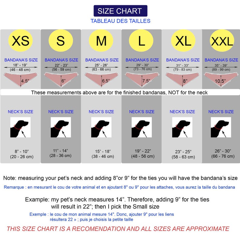 May include: Size chart for dog bandanas, showing bandana size and neck size in inches and centimeters. The chart includes six sizes: XS, S, M, L, XL, and XXL. The chart also includes a note about measuring your pet's neck and adding 8 or 9 inches for the ties.