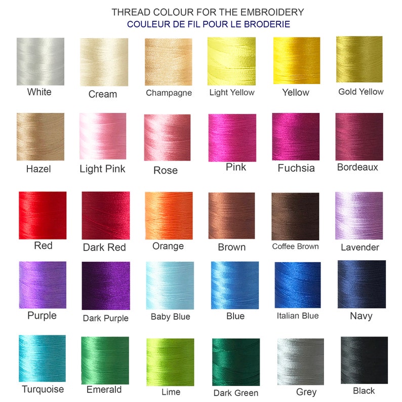 May include: A chart of thread colors for embroidery, with 24 different colors, including white, cream, champagne, light yellow, yellow, gold yellow, hazel, light pink, rose, pink, fuchsia, bordeaux, red, dark red, orange, brown, coffee brown, lavender, purple, dark purple, baby blue, blue, Italian blue, navy, turquoise, emerald, lime, dark green, grey, and black.