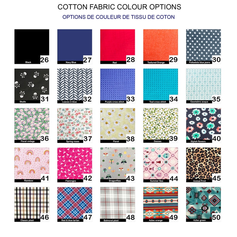 May include: A chart showing 50 different cotton fabric color options. The chart is divided into five rows of ten squares each. Each square shows a different color or pattern of cotton fabric. The fabric colors include black, navy blue, red, orange, blue, purple, teal, green, pink, and white. The fabric patterns include skulls, leaves, cross stitch, geometric shapes, floral, daisies, rainbows, flamingos, dragonflies, summer sea, animal print, plaid, tartan, and aztec.