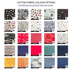 May include: A chart showing 25 different cotton fabric patterns. The patterns include paw prints, dogs, cats, hearts, anchors, zoo animals, stars, and more. The chart is labeled "Cotton Fabric Colour Options" and "Options de Couleur de Tissu de Coton".