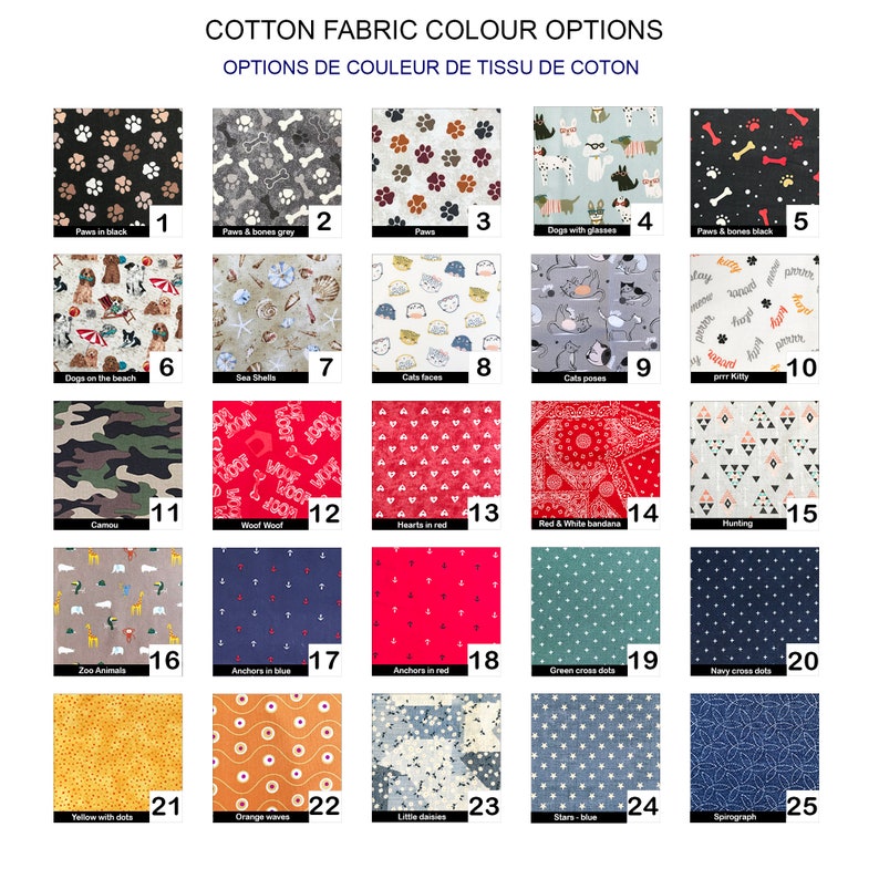 May include: A chart showing 25 different cotton fabric patterns. The patterns include paw prints, dogs, cats, hearts, anchors, zoo animals, stars, and more. The chart is labeled "Cotton Fabric Colour Options" and "Options de Couleur de Tissu de Coton".