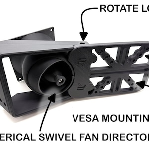 May include: A black spherical swivel fan director with VESA mounting and a rotate lock. The device is designed to direct airflow. The text "ROTATE LOCK", "VESA MOUNTING", and "SPHERICAL SWIVEL FAN DIRECTOR" are visible.