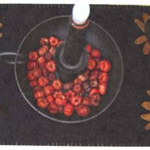 Può includere: Un sottopentola nero, oblungo, con bordo smerlato, decorato con girasoli applicati in tonalità marroni e oro. Un portacandele in vetro trasparente con base nera e una candela bianca è al centro, pieno di bacche rosse.