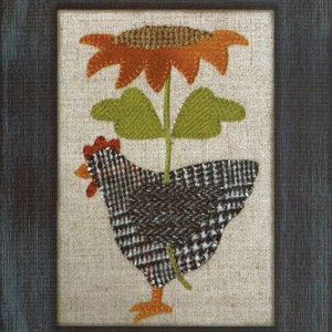May include: A framed needlepoint artwork featuring a black and white patterned chicken standing below a stylized orange flower with green leaves.