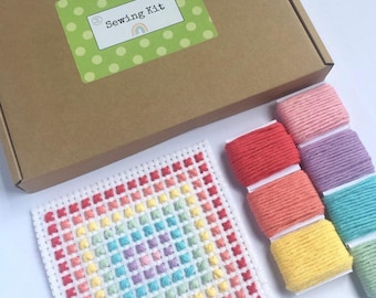 Rainbow Cross Stitch Kit, Binca Fabric, Kids Beginner Sewing