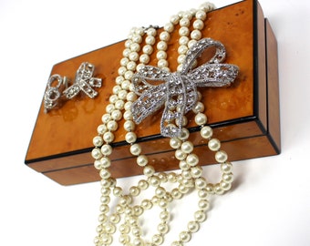 Arnold Scaasi Signed Double Strand Faux Pearl Necklace with Crystal Bow Enhancer and Matching Bow Earrings