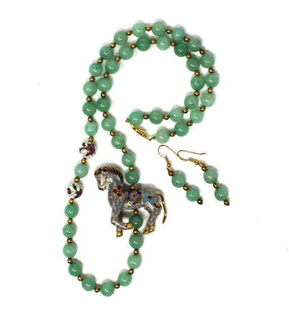 Aventurine Beaded Necklace with Cloisonne Horse a… - image 3