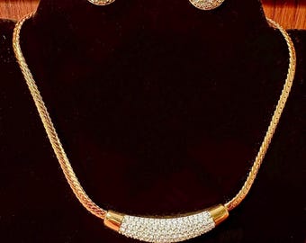Signed Swarovski Vintage Clear Crystal and Gold Tone Necklace and Clip-on Earring Set