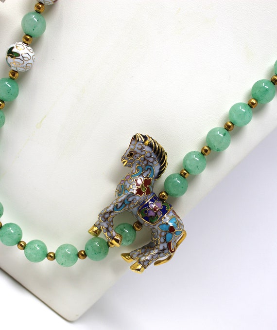 Aventurine Beaded Necklace with Cloisonne Horse a… - image 1
