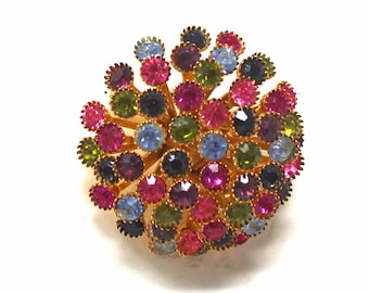 Vintage Domed Multi-Colored Rhinestone Brooch circa 1960s-70s