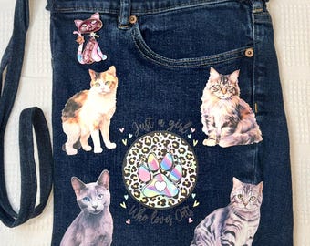 Cats - Upcycled Denim Shoulder/Crossbody Purse made from Recycled Jeans