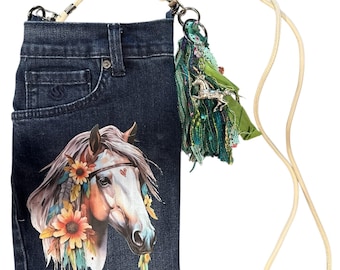 Horse upcycled Denim Crossbody Purse made from Recycled Jeans.