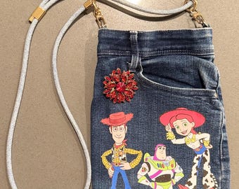 Toy Story upcycled Denim Shoulder/Crossbody adjustable strap, Purse made from Recycled Jeans.