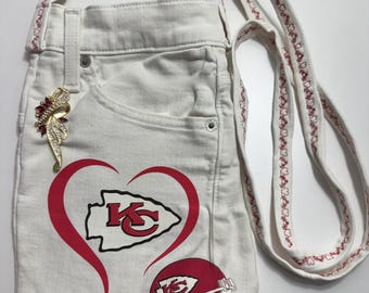 Kansas City  - Football - Upcycled Denim Shoulder/Crossbody Purse made from Recycled Jeans. With a Brooch
