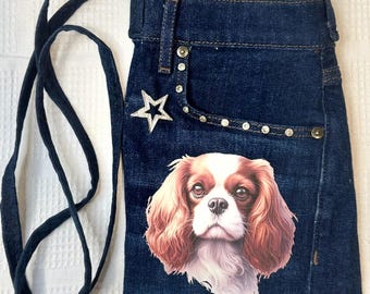 King Charles Spaniel - Upcycled Denim Shoulder/Crossbody Purse made from Recycled Jeans