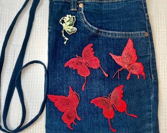 Butterfly Upcycled Denim Shoulder/Crossbody Purse made from Recycled Jeans