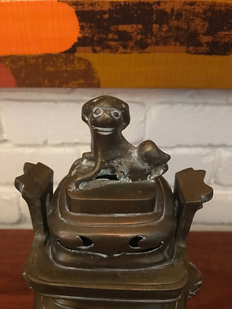 Mid Century Vintage Chinese Brass Foo Dog Incense Burner Pot