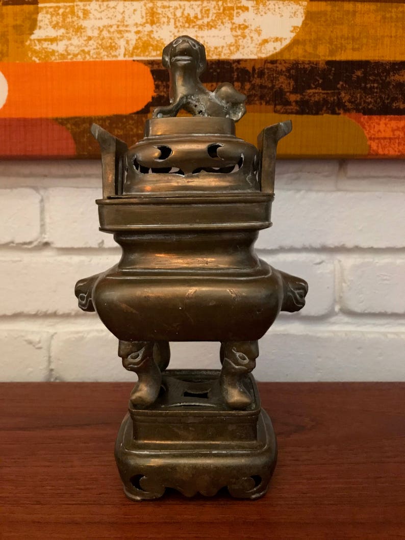 Mid Century Vintage Chinese Brass Foo Dog Incense Burner Pot