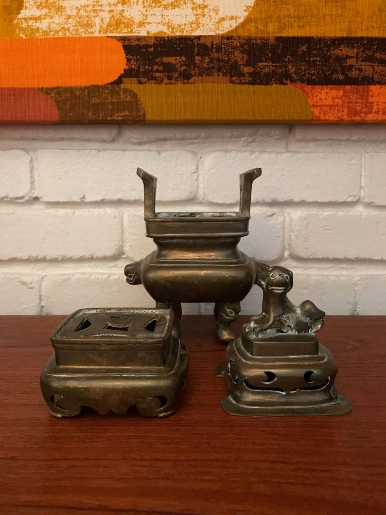 Mid Century Vintage Chinese Brass Foo Dog Incense Burner Pot