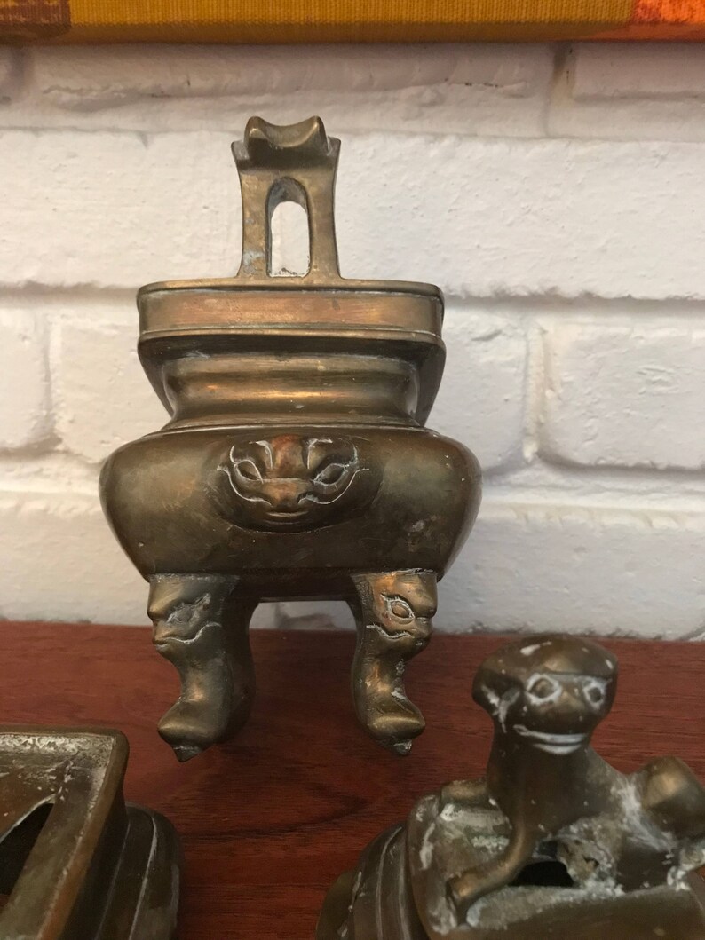 Mid Century Vintage Chinese Brass Foo Dog Incense Burner Pot