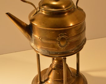 Old teapot - vintage copper teapot with accessories: candlestick + tripod