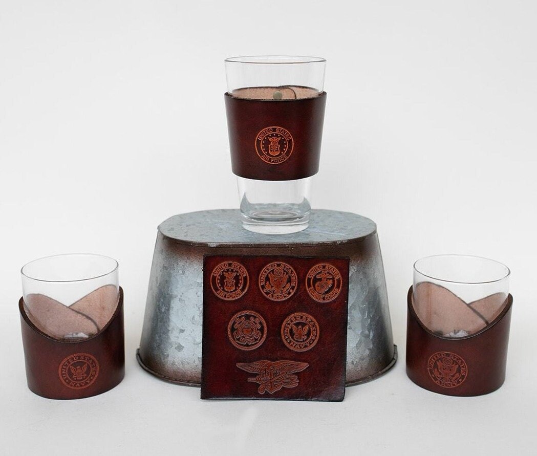 Stamp Rocks Glass Design Leather Rocks Glass - Motley Stamps, Army, American Flag, Military ...