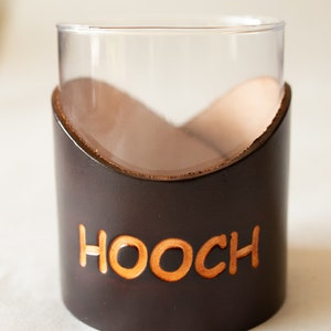 Leather Rocks Glass - &quot;HOOCH&quot; -  Leather Wrap, Barware, Personalized, Handmade, Bourbon, Whiskey Glass, Groomsman, Man Gift, Wholesale