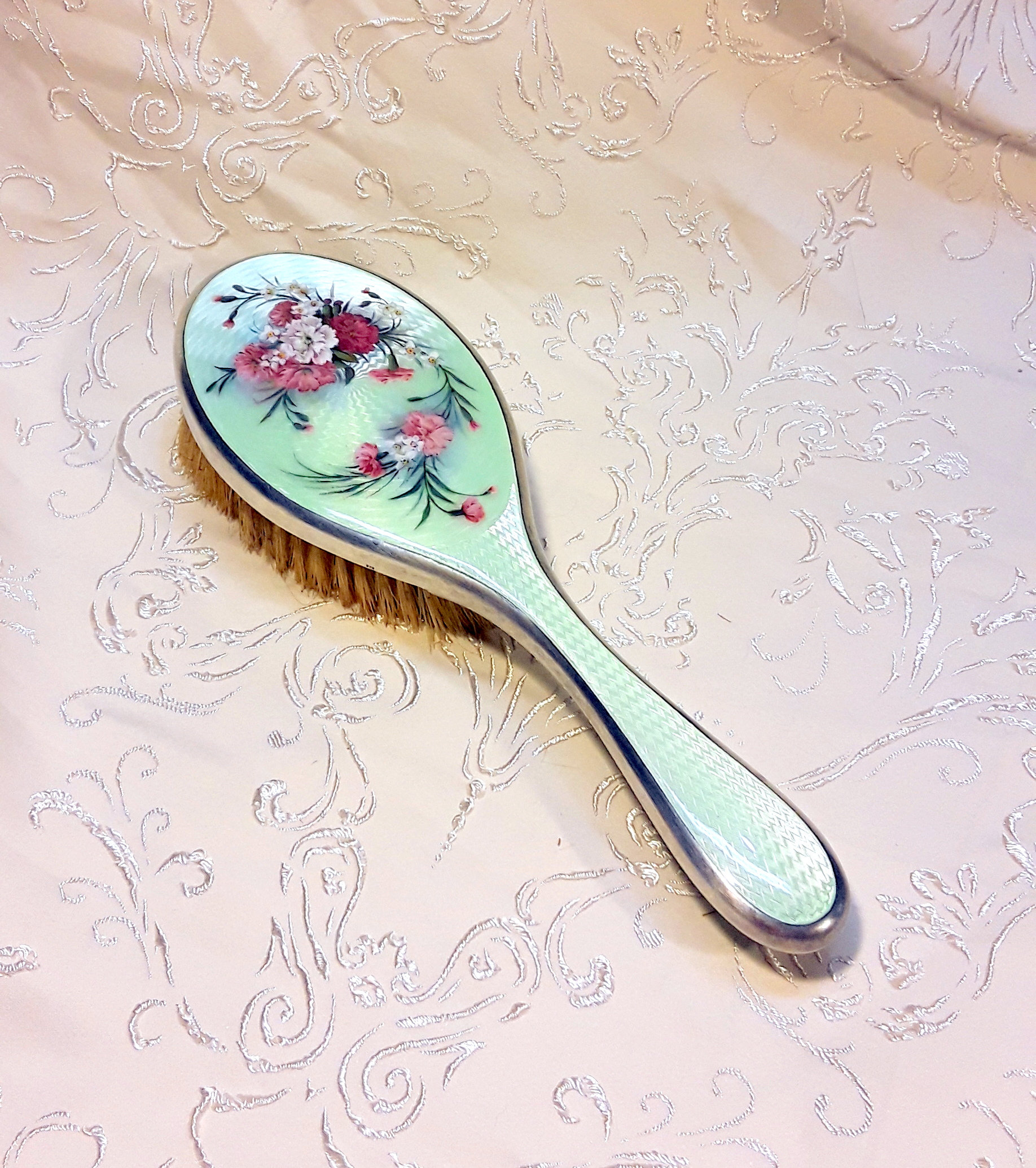 Antique 1920s Guilloche Enamel Hair Brush, 935 Sterling  display picture 2