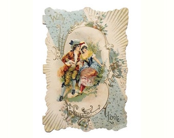 Antique Victorian Valentine Card Embossed Paper Romantic Single Fold