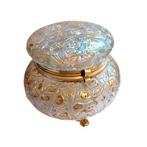 Antique Loetz Candia Astglas Victorian Bohemian Enameled Iridescent Art Glass Vintage Puff Powder Box Vanity Boudoir Casket