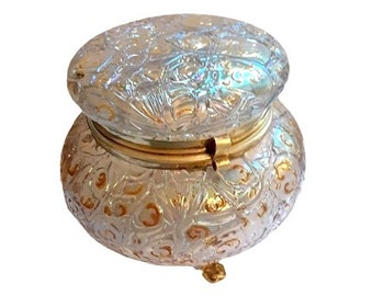 Antike Loetz Candia Astglas Viktorianische Boho emaillierte irisierende Kunst Glas Vintage Puff Powder Box Vanity Boudoir Schatulle