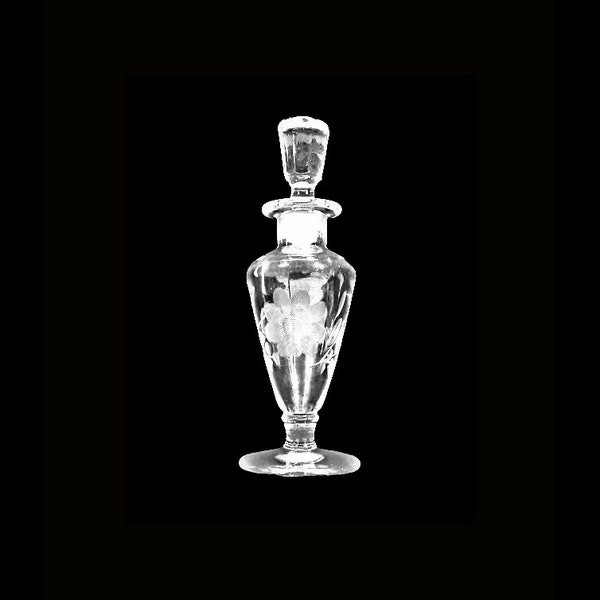 Antique Cambridge Perfume Bottle Floral Etched Clear Glass Art Deco 1920s 1930s