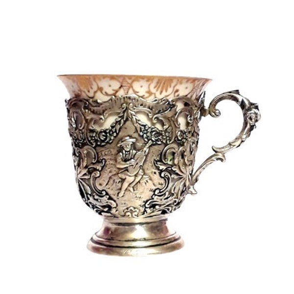 Antique Victorian Bailey Banks Biddle Silver Filigree Demitasse Cup and Porcelain Insert