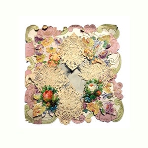 Antigo cartão vitoriano de dia dos namorados, recortes de papel, renda, art nouveau, 8" x 8" grande