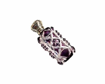 Antique Victorian Scent Bottle 1870s Purple Cased Cut Crystal Bohemian Sterling Flip Top Perfume Bottle