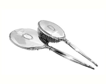 Antique Sterling Silver Hand Mirror and Brush Set Saart Brothers Art Deco Vintage Vanity Boudoir