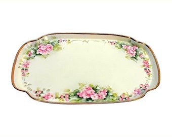 Antique Victorian Vanity Tray Hand Painted Porcelain Large Dresser Size Vintage Vanity Boudoir Pink Roses