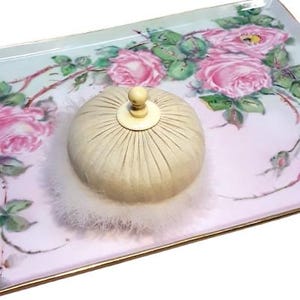 Antique Victorian Powder Puff Swansdown Feather 3&quot; White Silk Cygne Houppe Bone Handle French Houppette Duvet Cygne