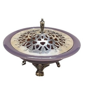 Antique Cambridge Helio Glass Console Bowl with Silver Plate Pierced Cover and Stand Centerpiece