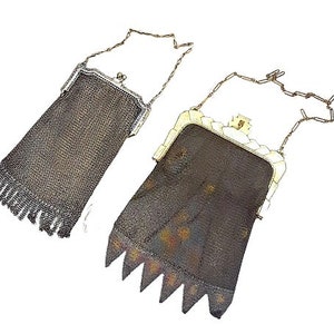 Paar Antike Mid Century Netz Geldbörsen Dresden 1920er Jahre Vintage Art Deco Flapper Tasche silberfarben Damenhandtasche