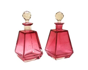 Antique Czech Perfume Bottle Set Cased Glass Cranberry Cut Crystal 1920s Vintage Vanity Accessories