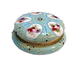 Antique Nippon Powder Box Vanity Jar Moriage Enameled Victorian Blue Pink Roses Vintage Shabby Cottage Boudoir