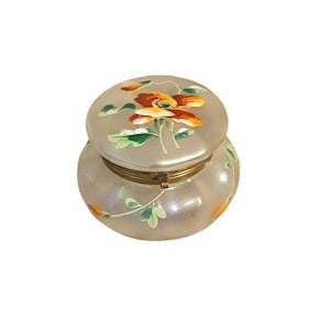 Antique Victorian Puff Box Bohemian Glass Hinged Puff Powder Box Verre de Soie Enamel Poppies Vanity Boudoir Casket Patch